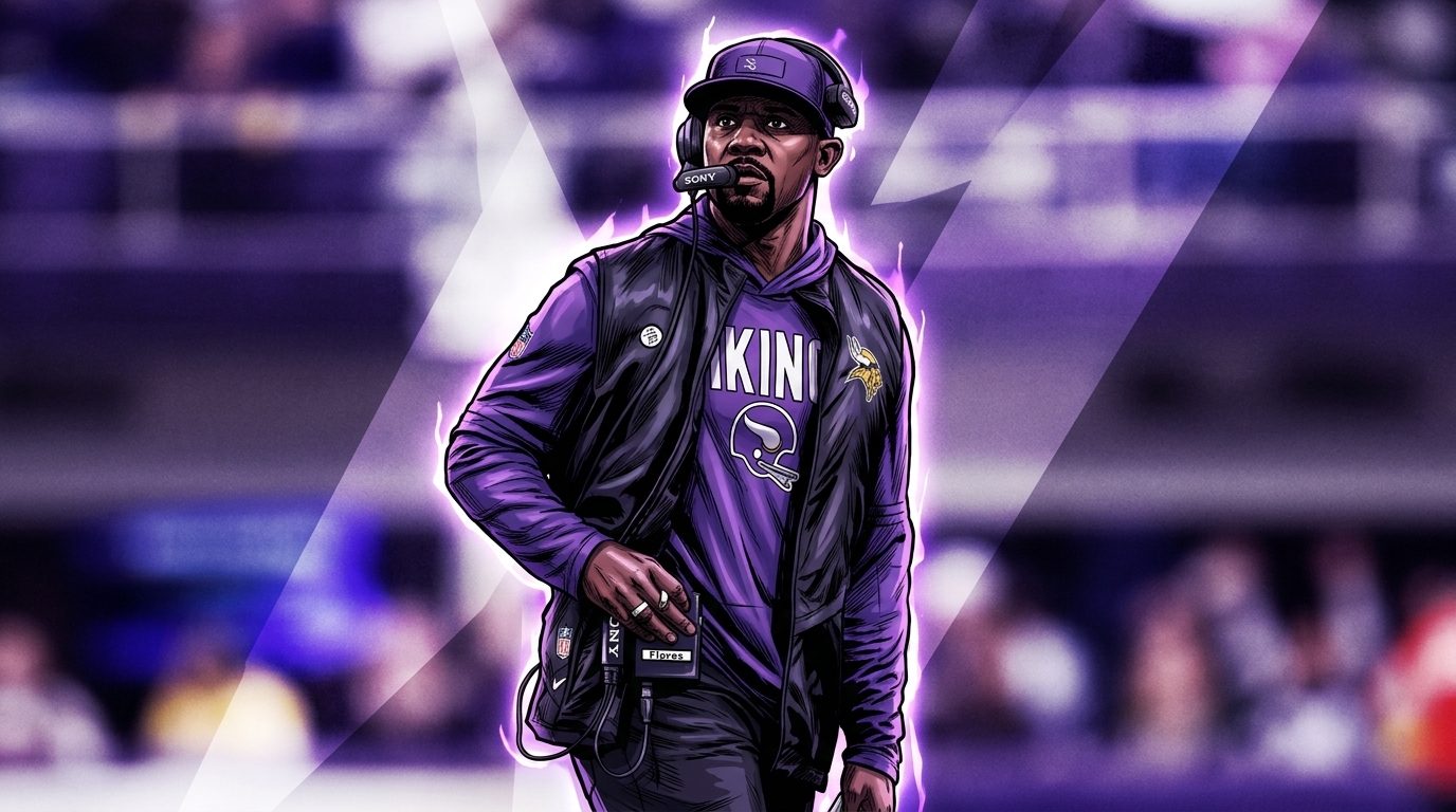 Comic-style illustration of Brian Flores on the Minnesota Vikings sideline