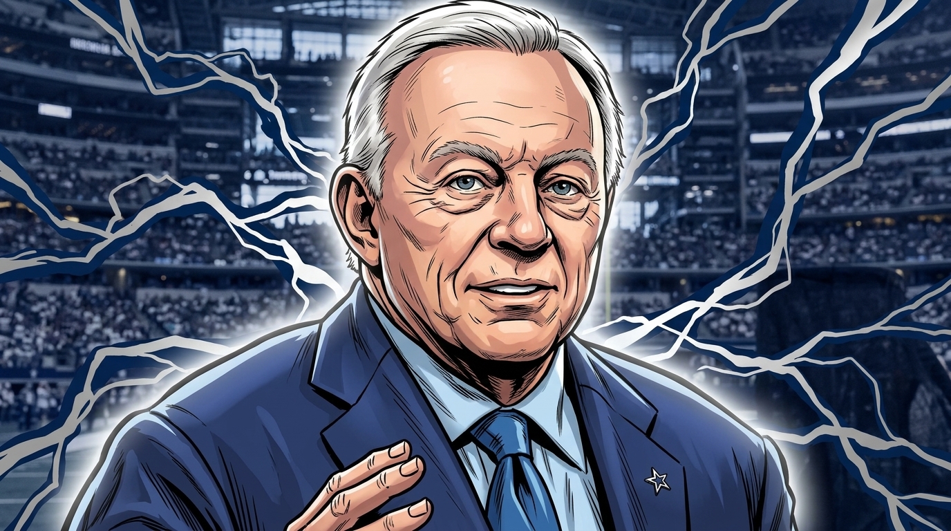 Jerry Jones illustrated in Marvel comic style with an electric energy effect on the Cowboys sideline — Swipe Sports