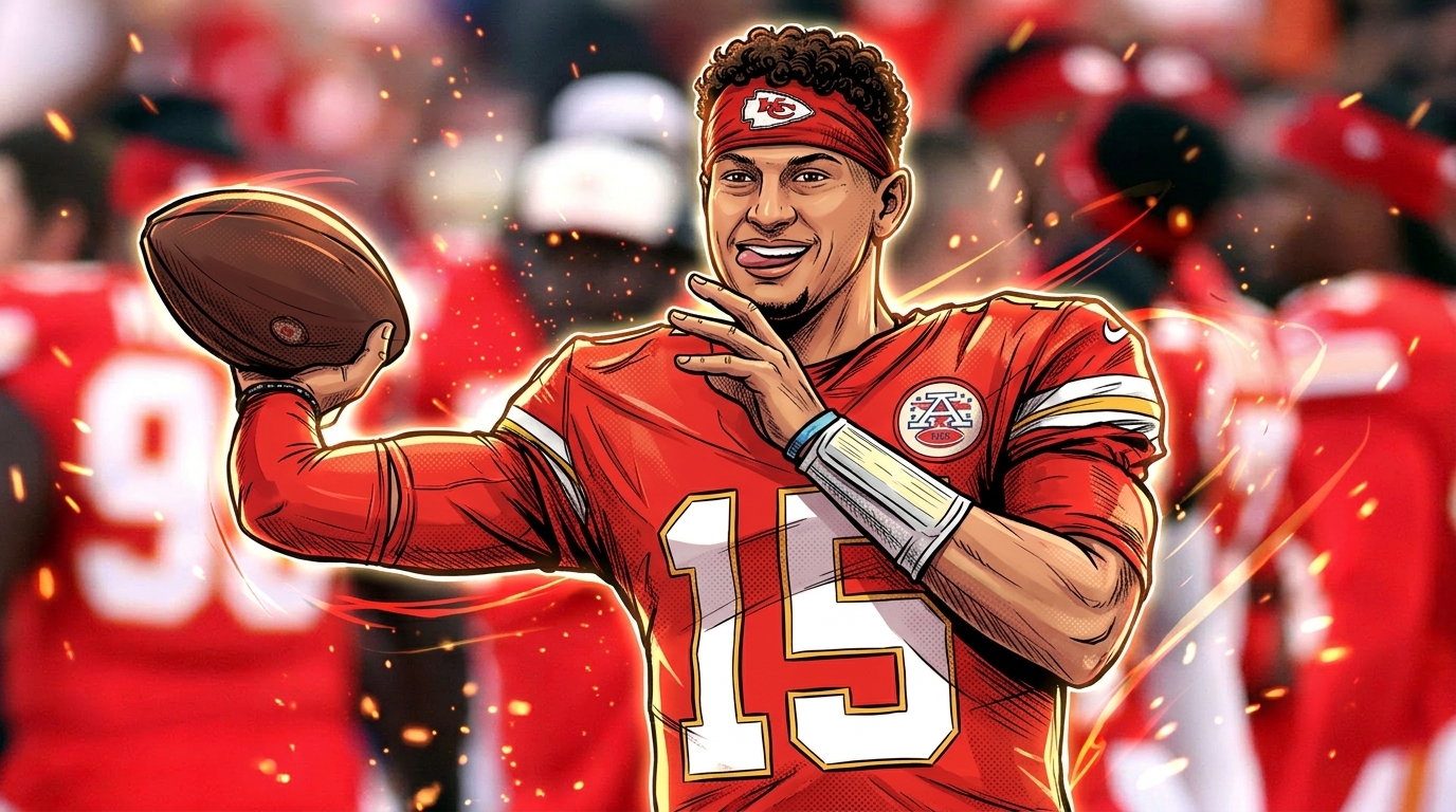 Comic-book illustration of Patrick Mahomes smiling in his red Kansas City Chiefs jersey, number 15, with a KC headband, holding a football, particle-field ember effect over a blurred red-and-white crowd background