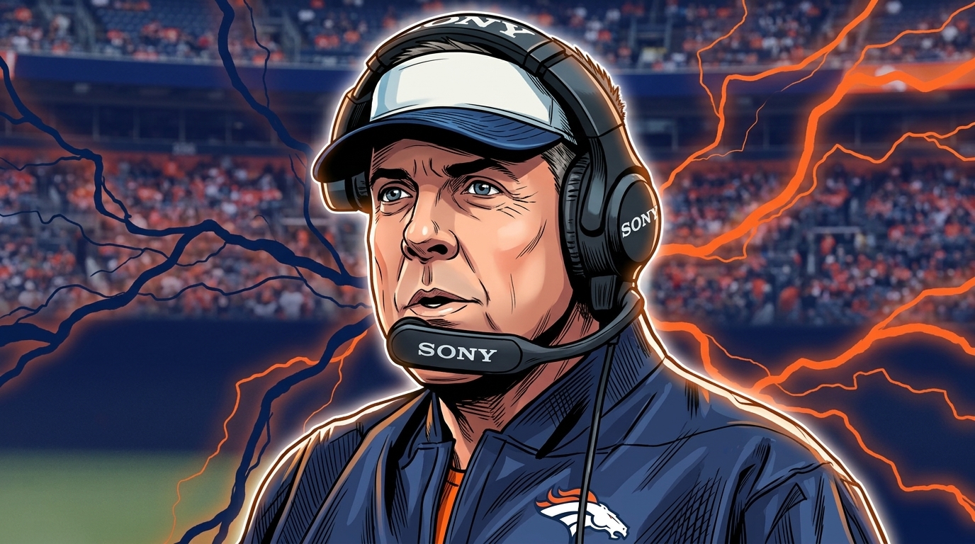 Comic-book illustration of Denver Broncos head coach Sean Payton wearing a navy team jacket and white-and-blue headset, blue and orange electric-energy lightning effect over a blurred Broncos stadium crowd background