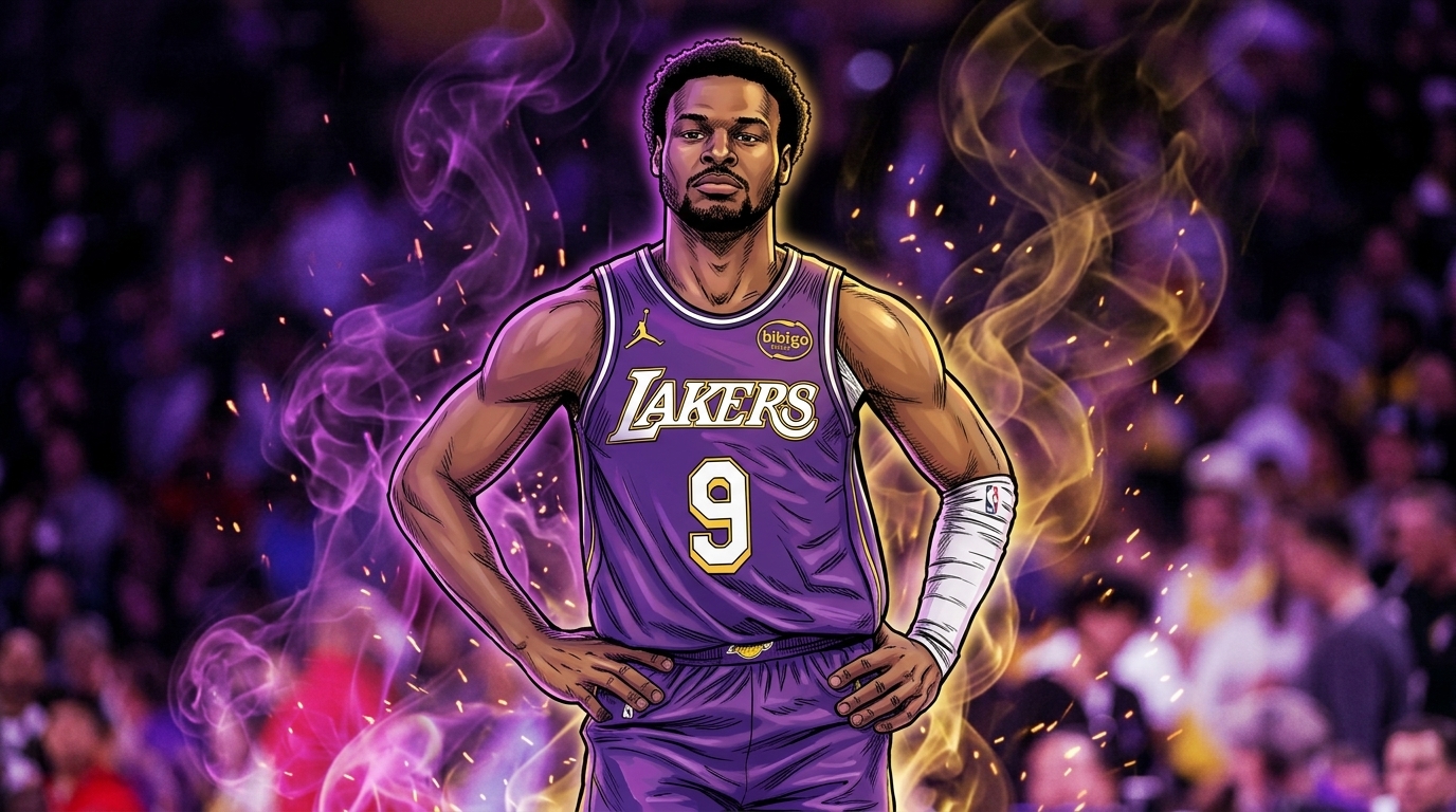 Comic-style illustration of Bronny James in a purple Lakers alternate jersey, hands on hips, blurred arena crowd behind him, purple and gold smoke-and-sparks effect swirling around him.