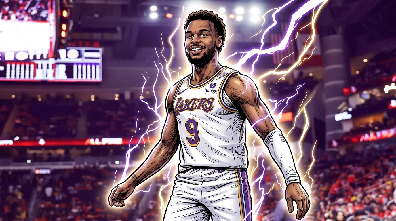 Comic-style illustration of Bronny James smiling in a white Lakers away jersey, arena crowd blurred behind him, purple and gold lightning effect radiating outward.