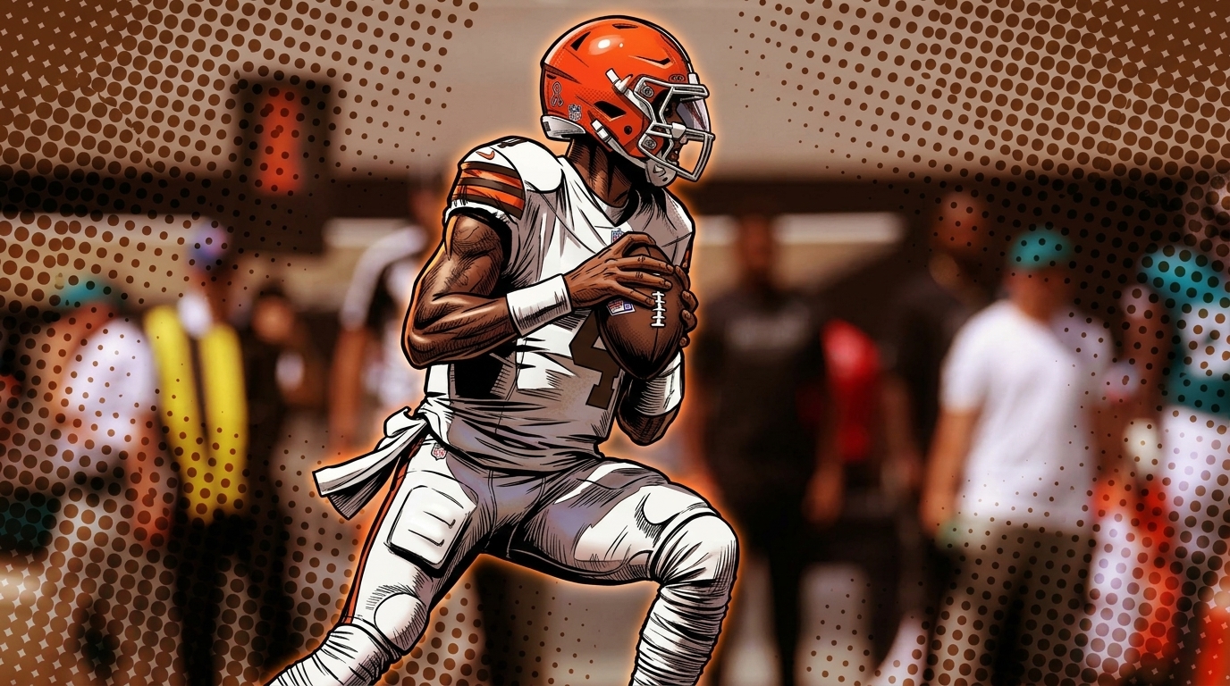Comic-style illustration of Cleveland Browns quarterback Deshaun Watson in his white No. 4 away jersey, scrambling and looking to throw, brown-and-orange halftone dot effect across the sideline background.