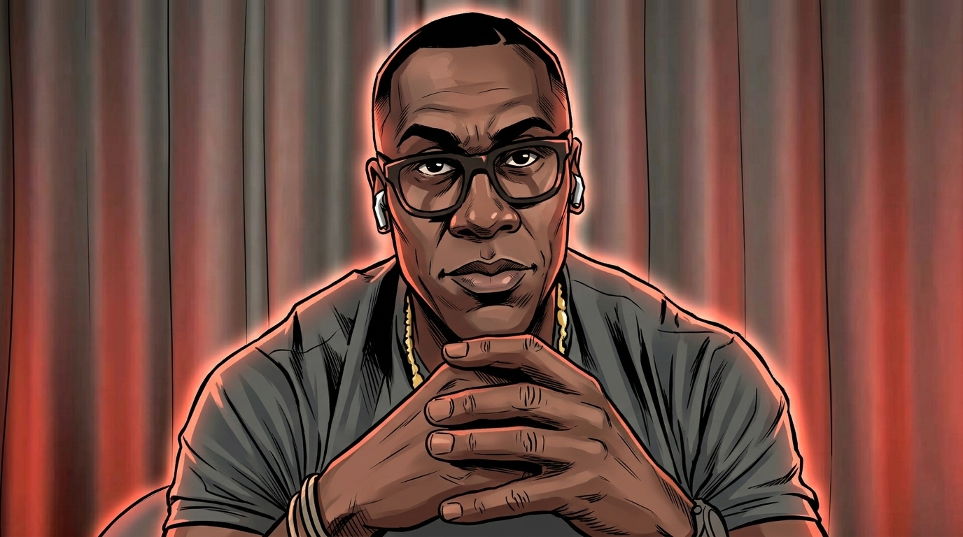 Comic-style illustration of Shannon Sharpe with a neon orange-red rim-glow effect against a striped studio backdrop