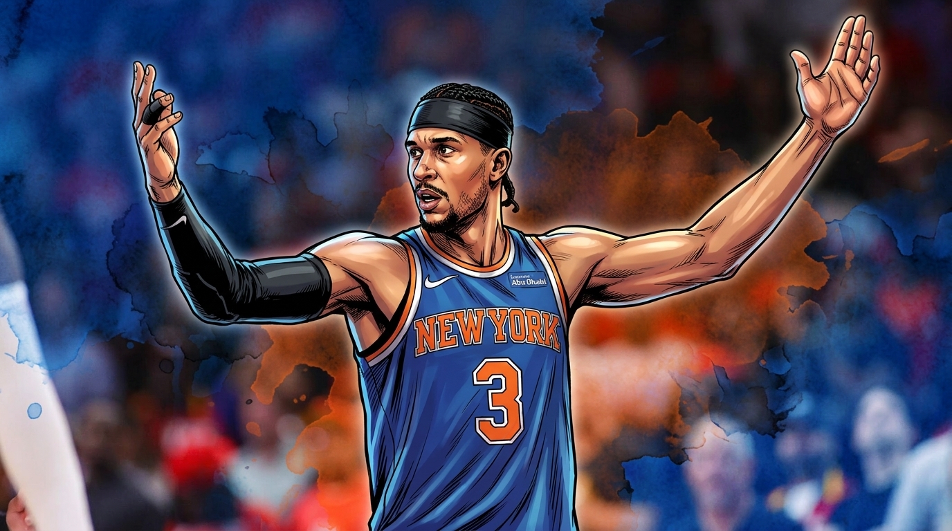 Josh Hart New York Knicks arms raised comic book ink wash watercolor bleed effect