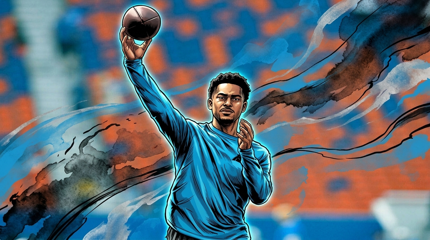 Bryce Young in a blue Carolina Panthers warmup top, comic-style ink wash illustration, raising a football with one hand against a blurred stadium crowd — Swipe Sports