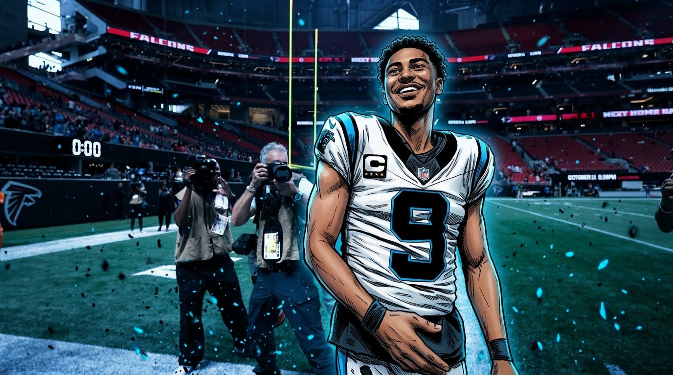 Comic-style illustration of Bryce Young smiling in a white Panthers jersey with two photographers in the background at Mercedes-Benz Stadium, teal particle effect.