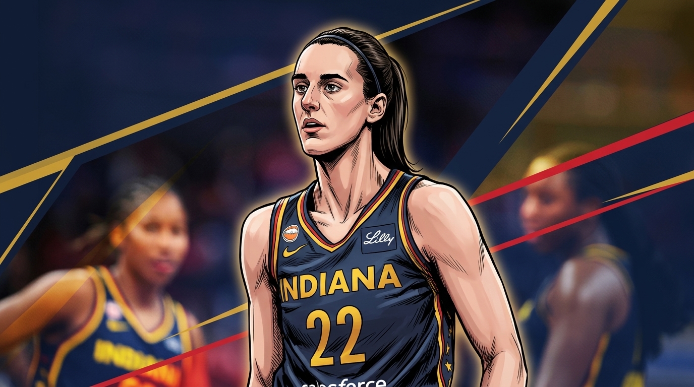 Comic-style illustration of Caitlin Clark in an Indiana Fever jersey