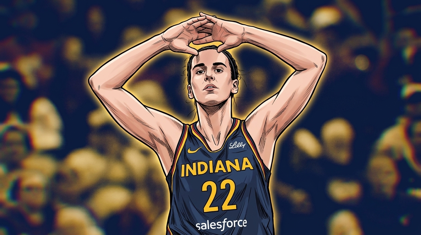 Comic-style illustrated portrait of Caitlin Clark in a navy Indiana Fever No. 22 jersey, hands clasped above her head, rendered with a chromatic dispersion effect against a navy and gold arena crowd backdrop