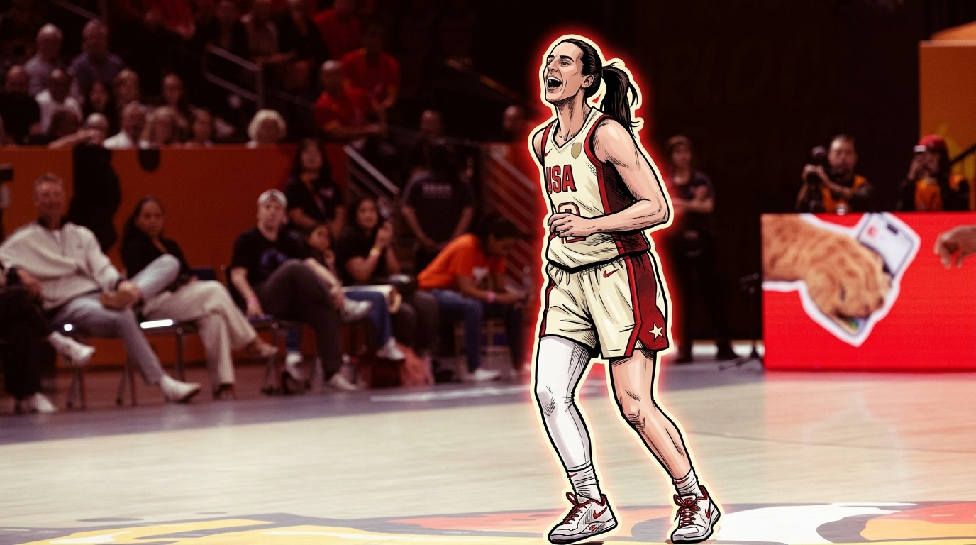 Illustrated neon rim glow style image of Caitlin Clark celebrating in her cream and red Team USA jersey on the court