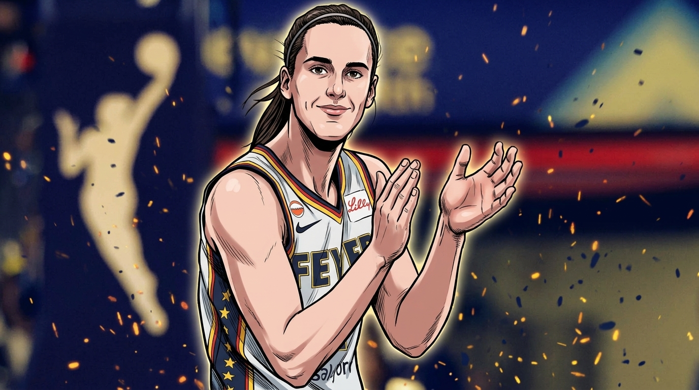 Comic-style illustration of Caitlin Clark clapping in a white Indiana Fever jersey, particle-field embers and a tinted arena backdrop with the WNBA logo visible behind her