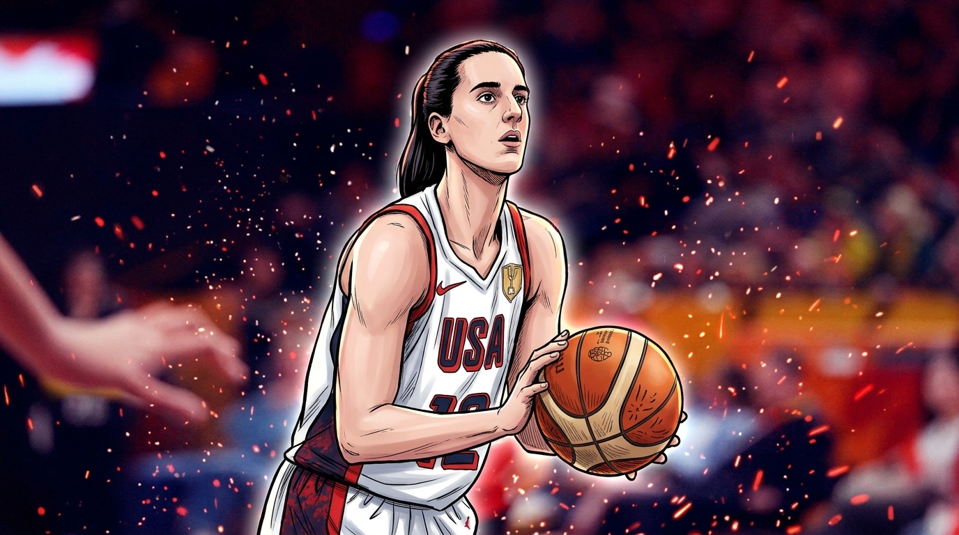 Comic-style illustration of Caitlin Clark at the free-throw line in a white USA jersey, red particle-and-ember effect over an arena crowd background