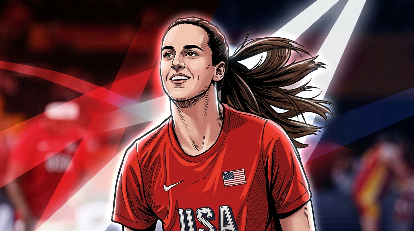 Comic-book styled illustration of Caitlin Clark in a Team USA jersey