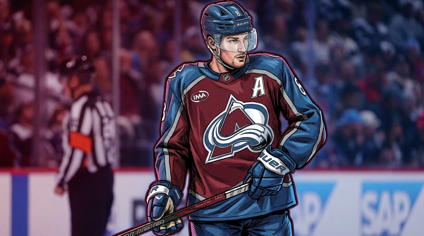 Comic-style illustration of Cale Makar in a maroon Colorado Avalanche jersey and helmet on the ice, neon rim-glow effect over a blurred arena crowd background