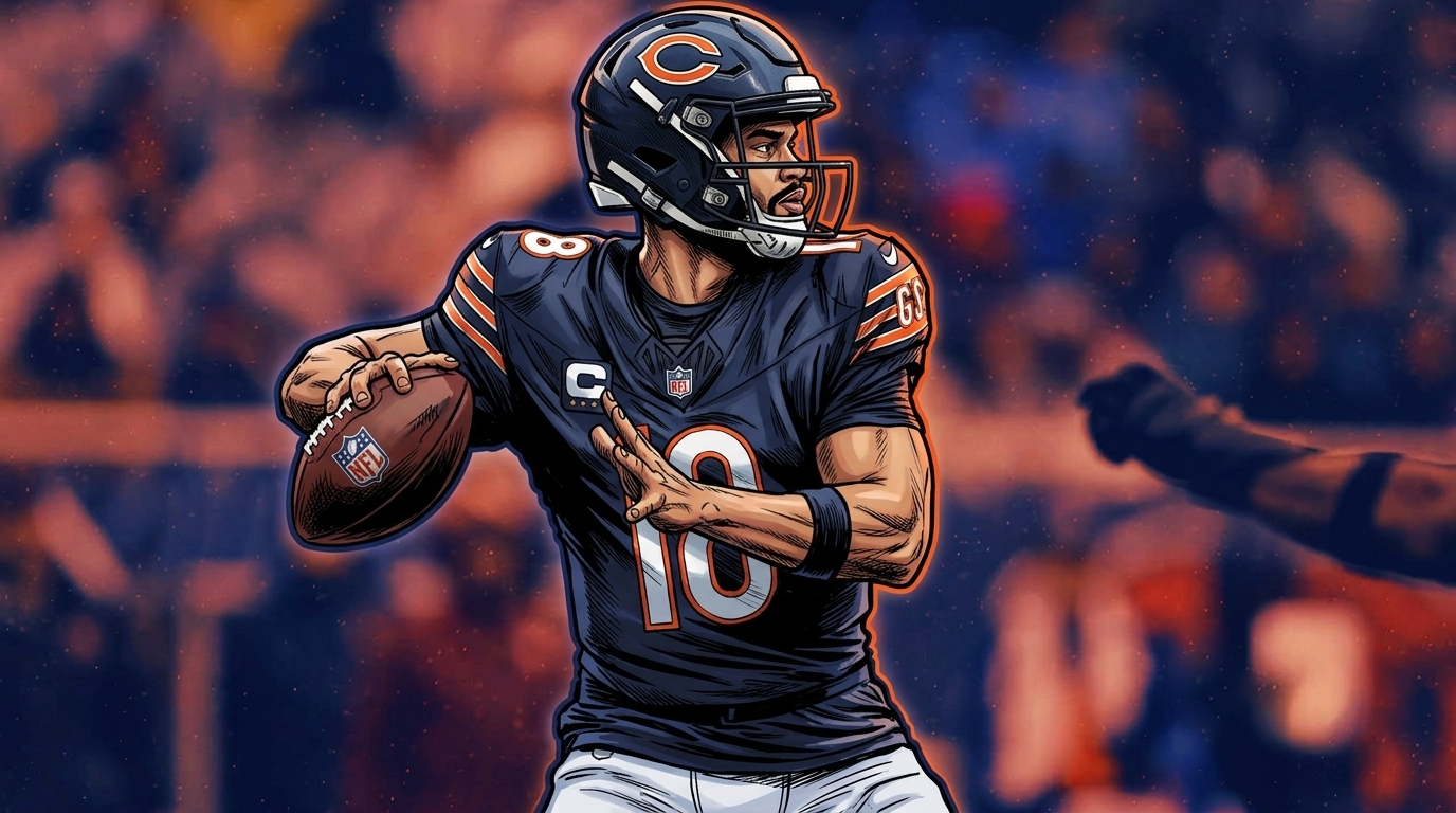 Caleb Williams illustrated in comic style with a neon rim glow effect, throwing motion, Bears jersey, rain-soaked stadium crowd blurred behind him