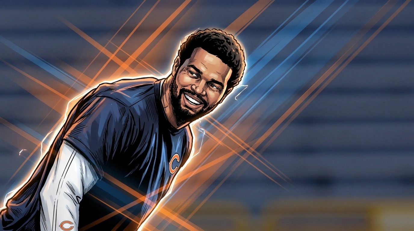 Caleb Williams in Chicago Bears gear, comic-style illustration with geometric light streaks — Swipe Sports