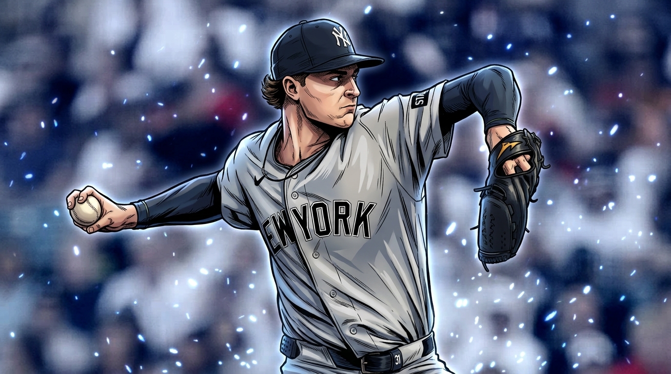 Comic-style illustration of Cam Schlittler in a Yankees gray road jersey mid-pitching delivery, glowing white particle effect over a blurred stadium crowd backdrop — Swipe Sports