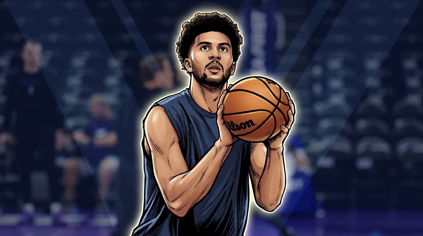Comic-style illustration of Cameron Boozer in a navy Memphis Grizzlies warmup shirt in free-throw form, geometric light streaks and a blue color wash radiating through the blurred arena crowd background