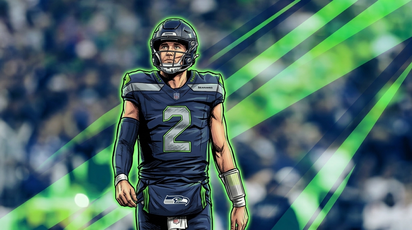 Comic-style illustration of Drew Lock in a navy Seattle Seahawks jersey preparing to throw, blurred stadium background
