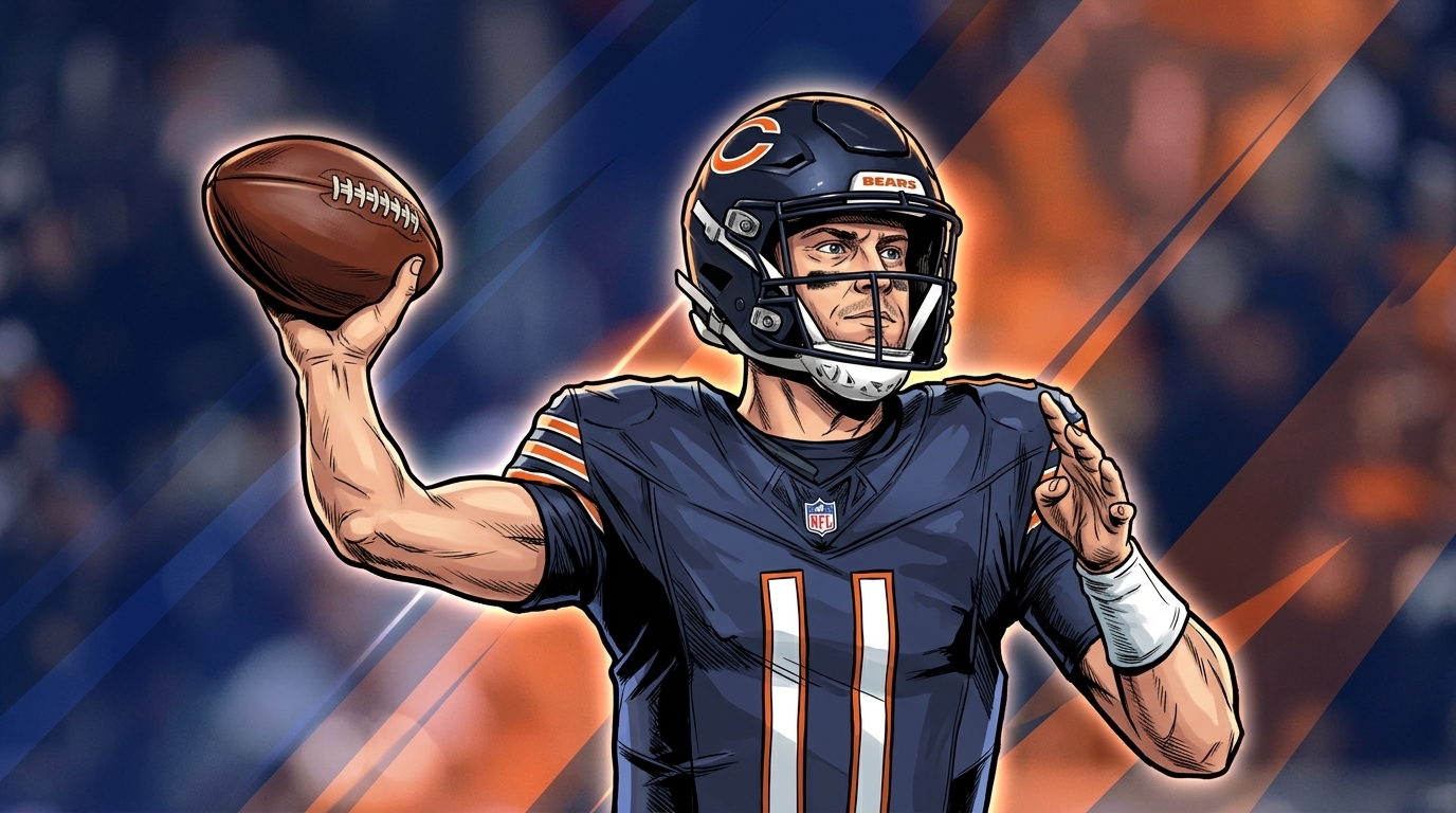 Comic-style illustration of Case Keenum throwing a pass in a Chicago Bears jersey, geometric light streaks effect in navy and orange