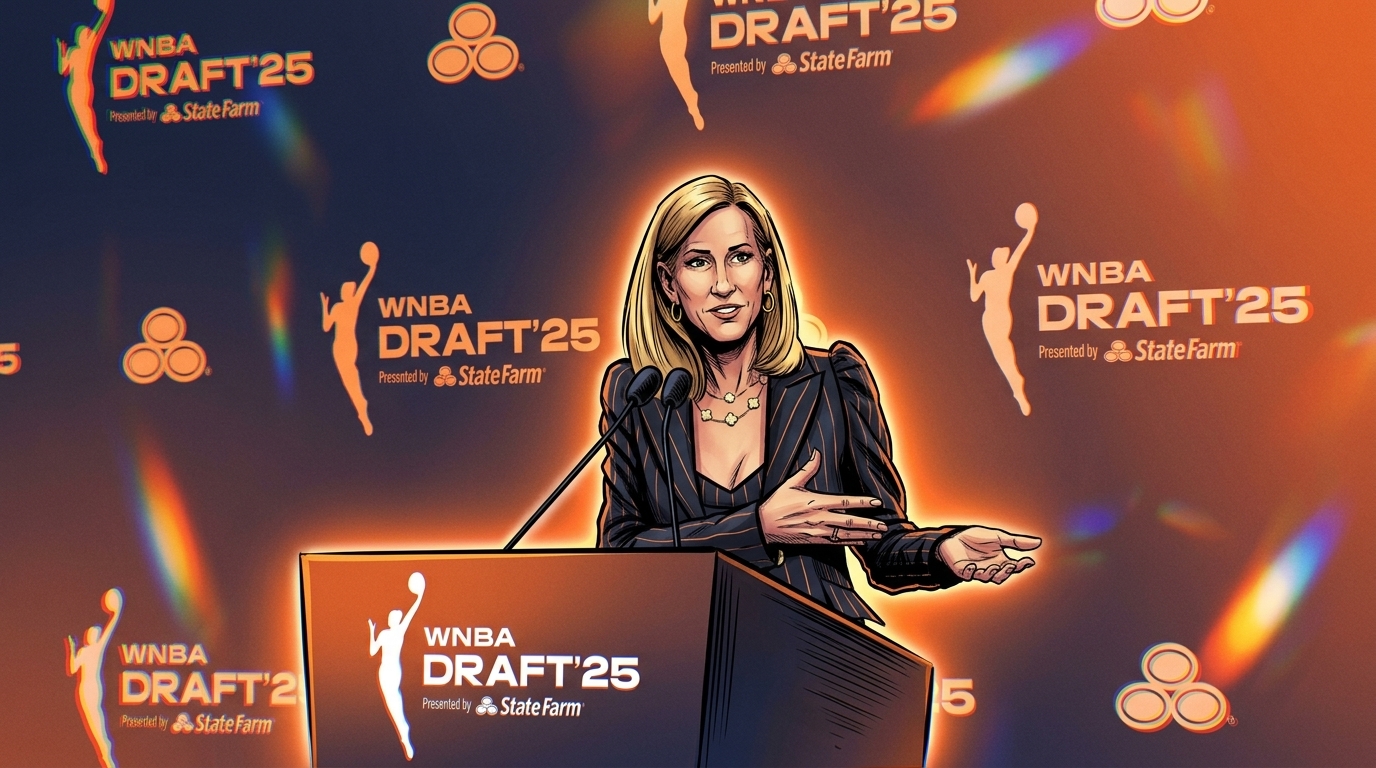 Comic-style illustration of WNBA commissioner Cathy Engelbert speaking at a WNBA Draft podium, orange storm-and-lightning effect over a step-and-repeat backdrop