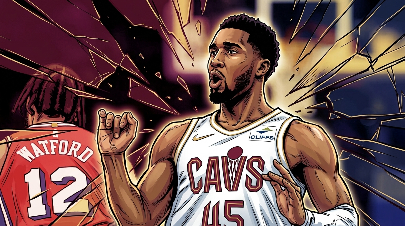 Donovan Mitchell in Cleveland Cavaliers white home jersey number 45, rendered in Marvel comic book illustration style with shattered glass effect in wine and gold