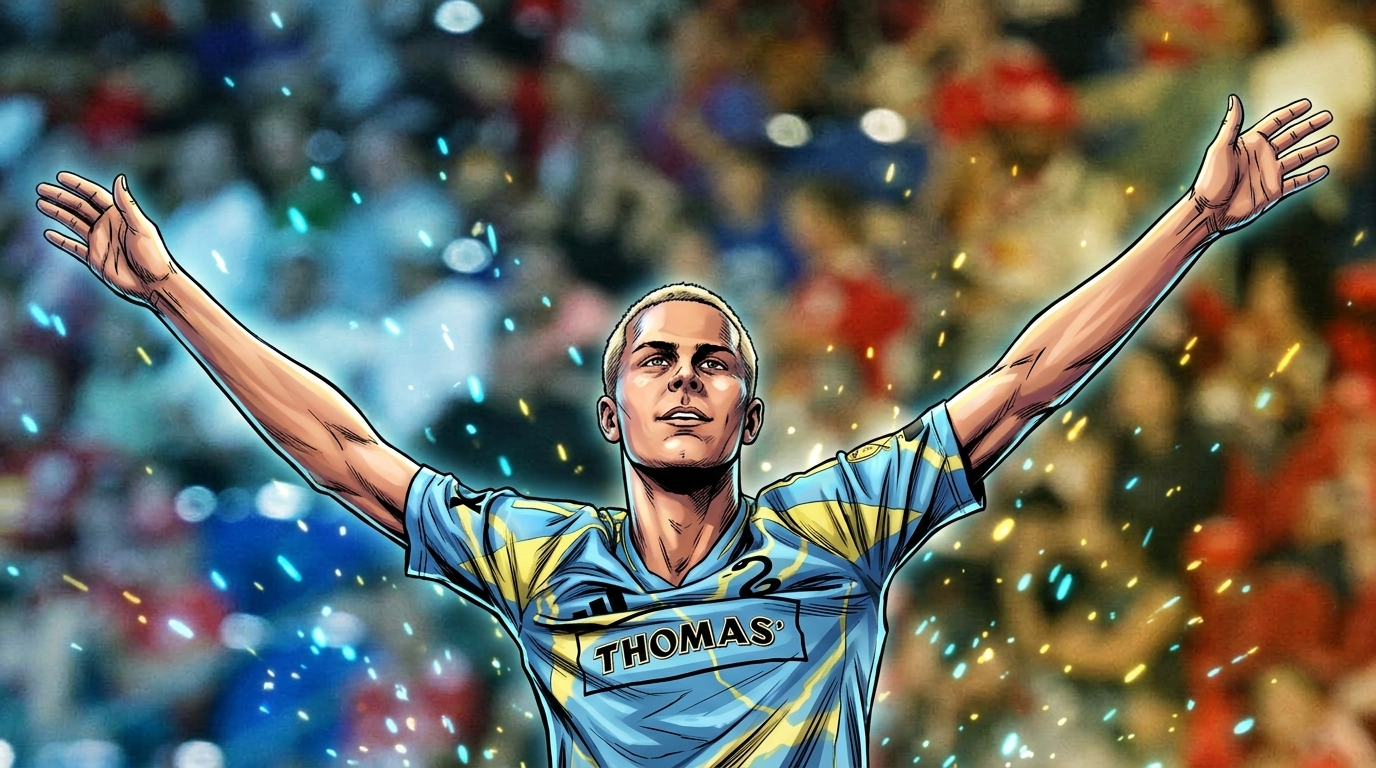 Comic-style illustration of Cavan Sullivan in a sky-blue Philadelphia Union jersey celebrating with arms raised, particle-field spark effect over a blurred stadium crowd background — editorial image for Cavan Sullivan backheel goal and Philadelphia Union unbeaten run coverage.