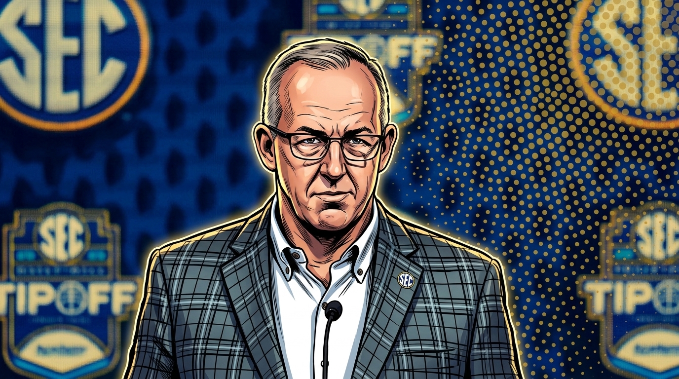Comic-book ink-outline illustration of SEC commissioner Greg Sankey at a podium in front of an SEC Tipoff backdrop, rendered in navy-and-gold Ben-Day dot halftone shading with a gold rim glow.