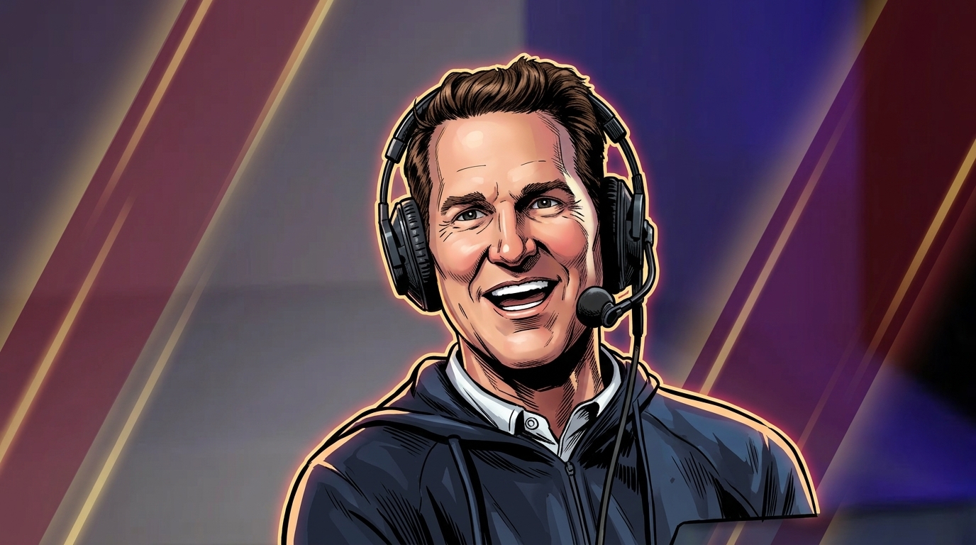 Comic-book ink-outline illustration of CBS Sports analyst Danny Kanell laughing while wearing a broadcast headset, rendered with a maroon-and-gold geometric light streaks effect over a blurred photographic broadcast-studio background.