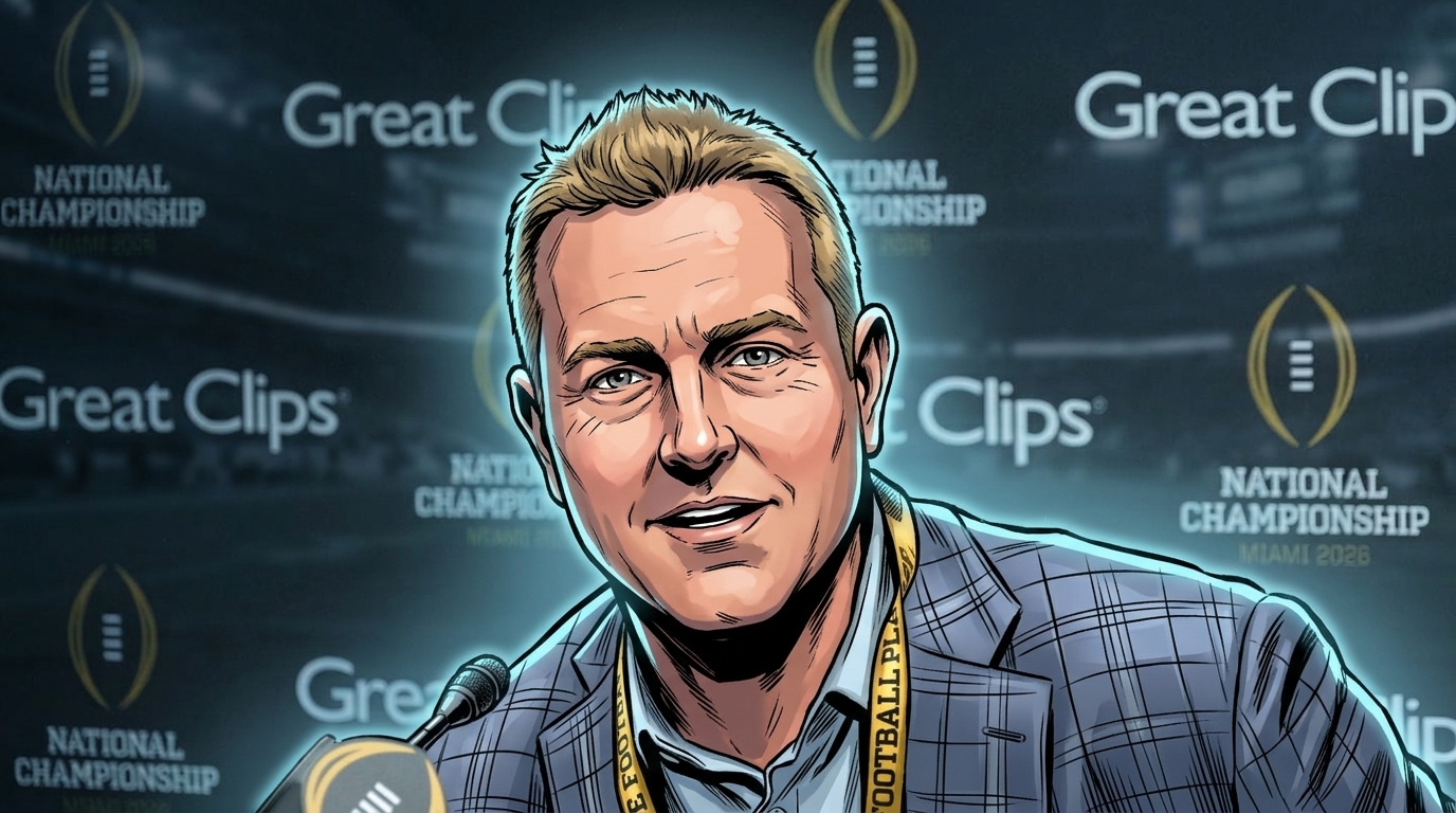 Comic-style illustration of Kirk Herbstreit in a blue-gray plaid blazer at a College Football Playoff press conference podium, neon rim glow effect over the CFP National Championship backdrop — editorial image for CFP-ESPN negotiating window coverage.