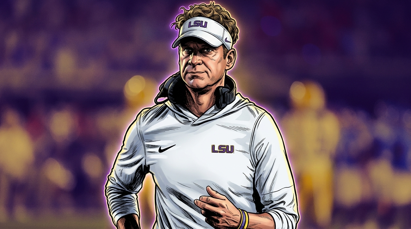 Lane Kiffin in comic book style with neon rim glow effect, white LSU hoodie and visor, jogging the sideline
