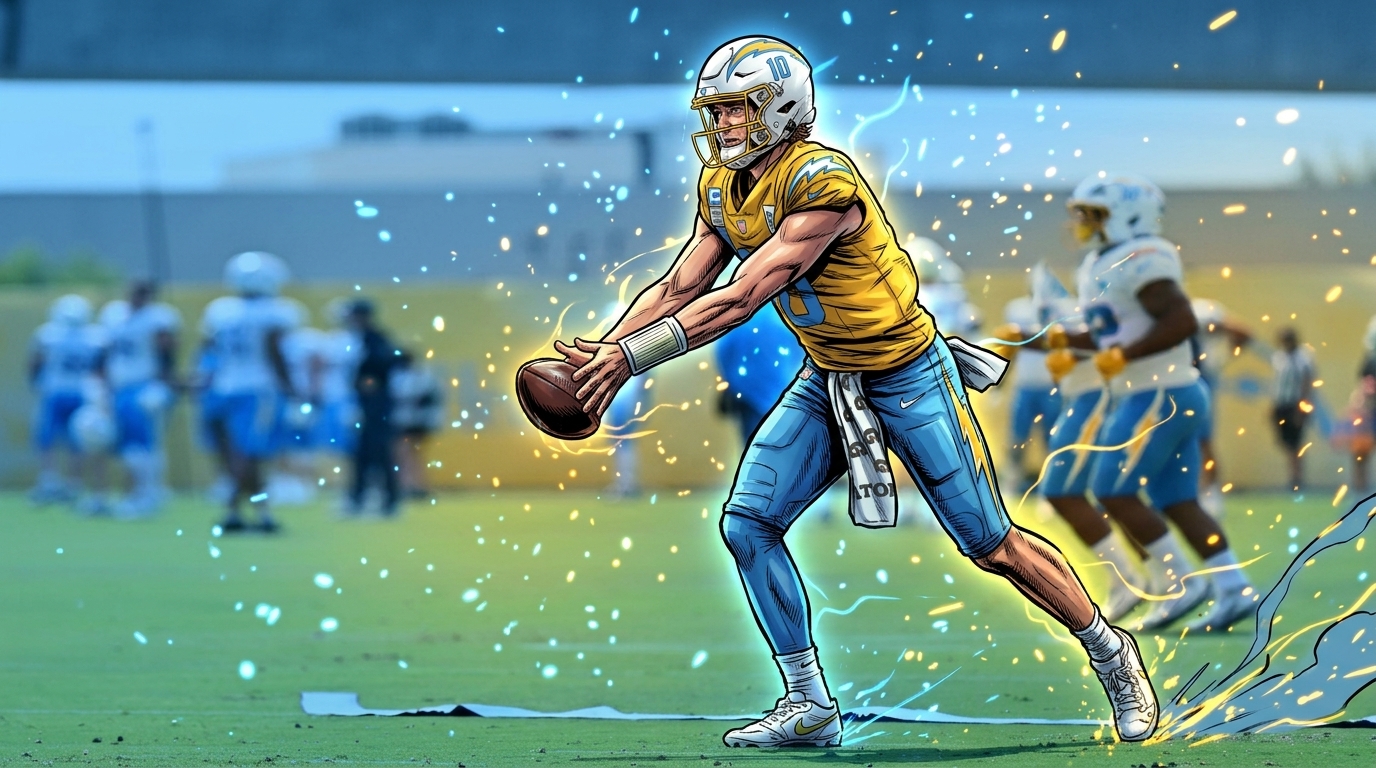 Comic-style illustration of Los Angeles Chargers quarterback Justin Herbert in a gold practice jersey and powder blue pants, mid-pitch during a drill, particle field and floating embers effect over a blurred practice-field background