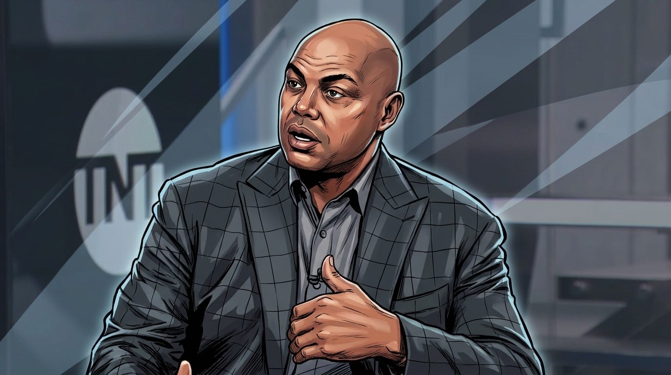 Comic-style illustration of Charles Barkley at the Inside the NBA studio desk in a charcoal windowpane suit, mid-gesture, with a geometric light streak effect