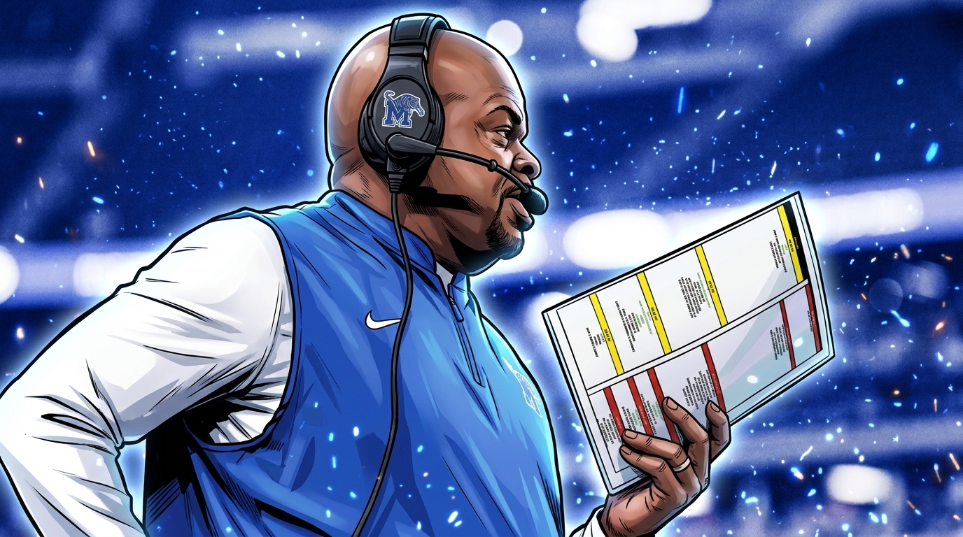 Comic-style illustration of Memphis Tigers head coach Charles Huff in profile on the sideline, wearing a royal blue Nike quarter-zip vest with white sleeves and a Memphis Tigers headset, holding a play chart, blue particle-field effect drifting across a blurred stadium background