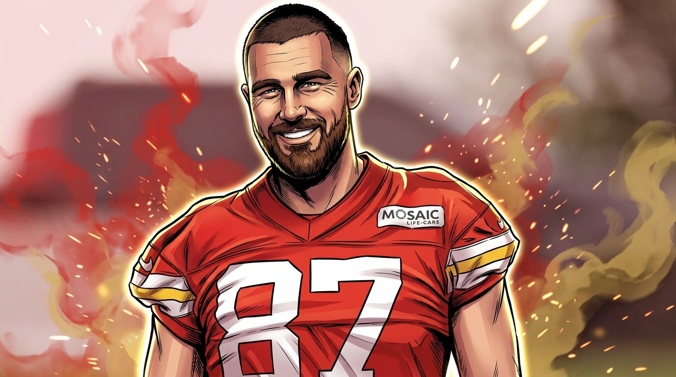 Comic-book illustration of Travis Kelce smiling in a red Chiefs practice jersey, number 87, with smoke and spark effects over a blurred practice-field background