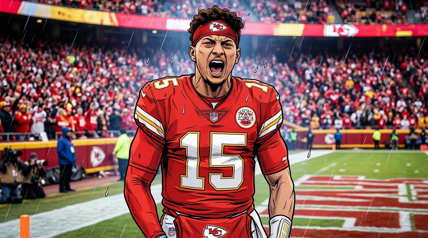 Patrick Mahomes in a Kansas City Chiefs jersey, illustrated in a bold comic-book art style