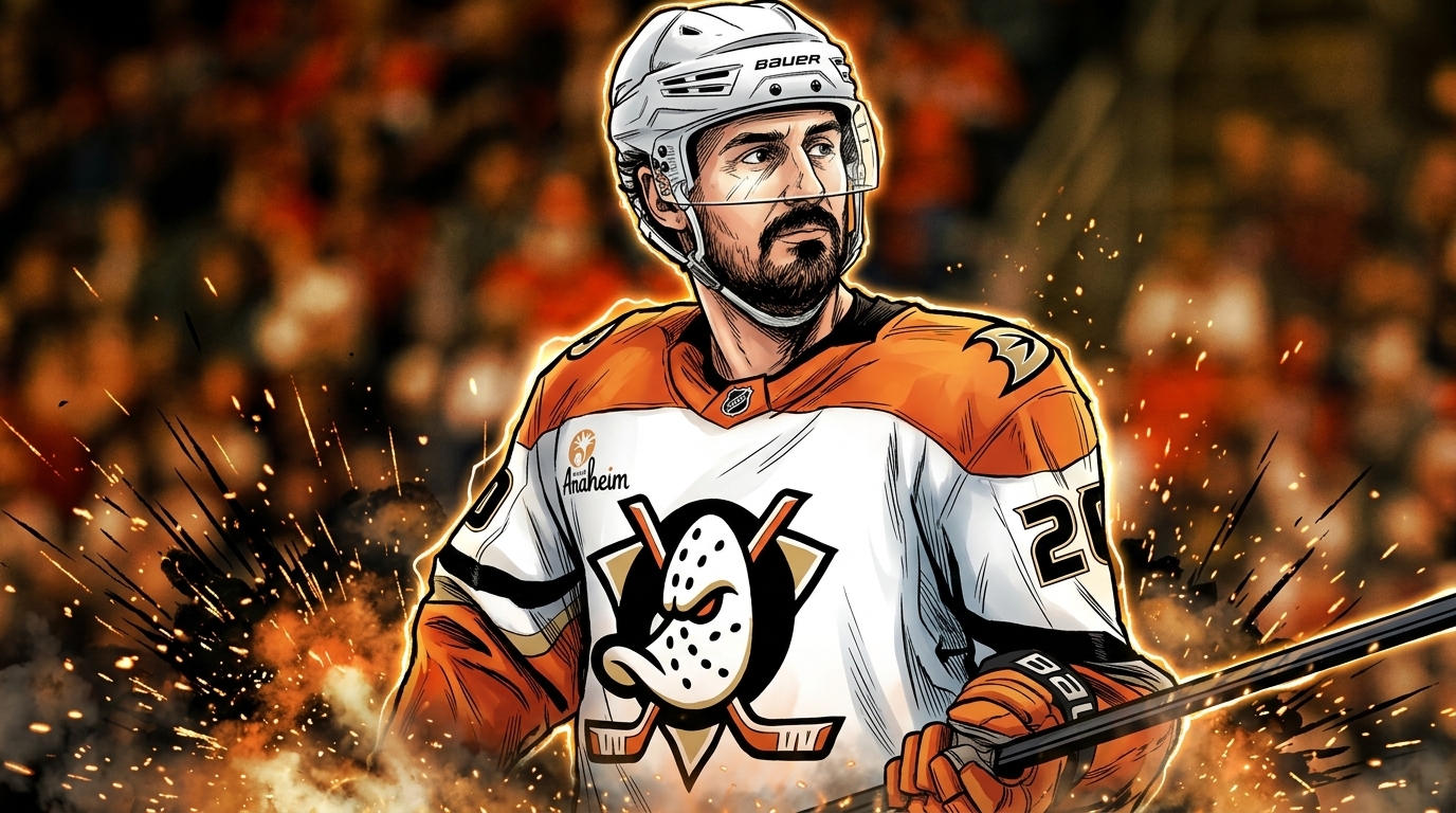 Chris Kreider in an Anaheim Ducks jersey, comic-style illustration