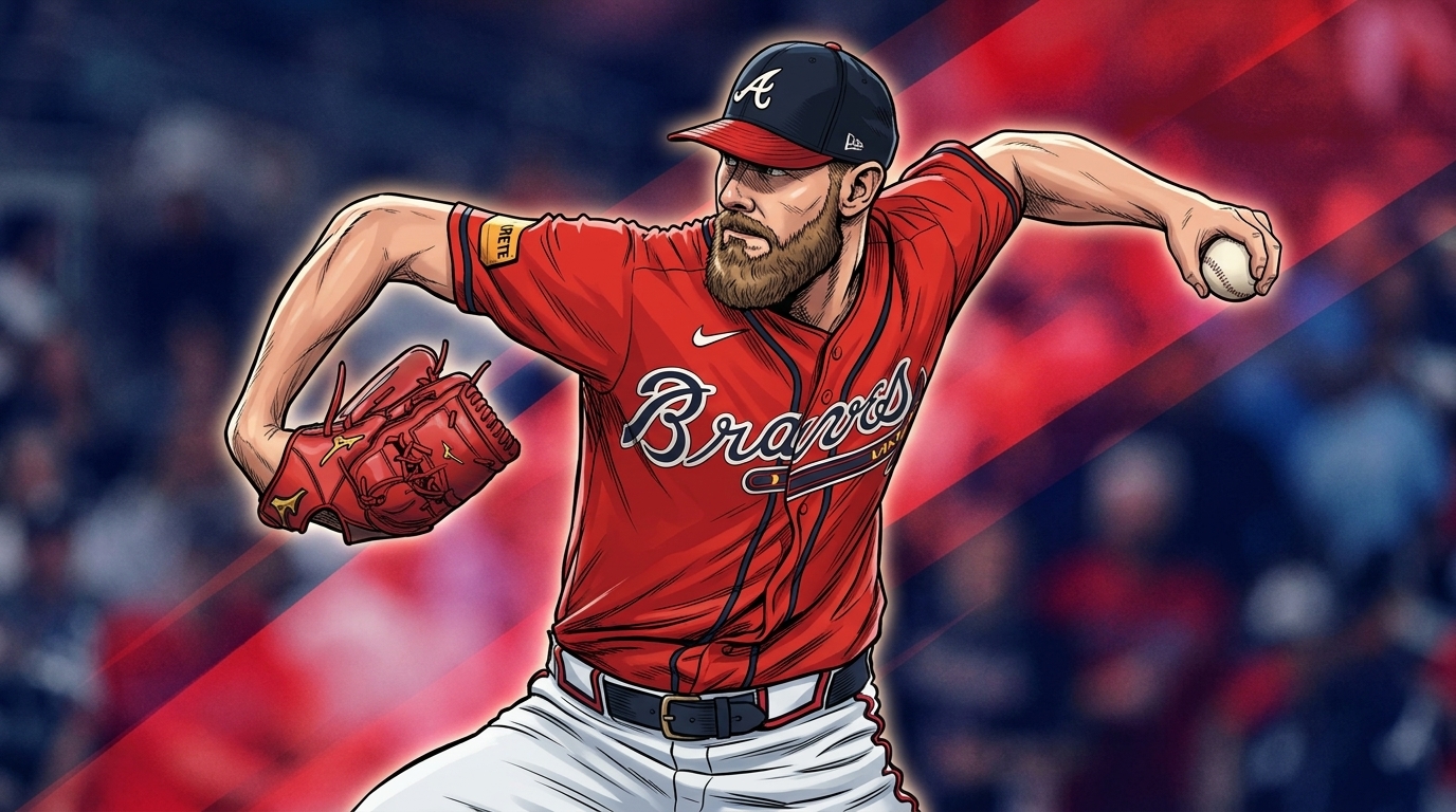Chris Sale of the Atlanta Braves mid-delivery in comic book style with a red and navy geometric light-streak effect