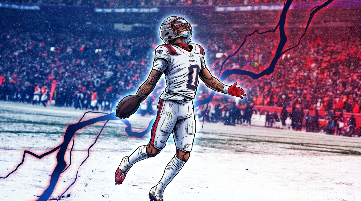 Comic-style illustration of New England Patriots cornerback Christian Gonzalez in his white road jersey holding a football, blue and red electric energy effect over a snowy stadium background