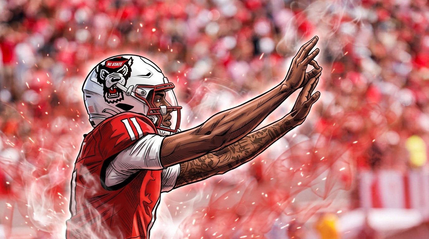 Comic-style illustration of NC State quarterback CJ Bailey in his red No. 11 jersey and white helmet, arm raised, with a smoke-and-sparks red color wash over the blurred Carter-Finley Stadium crowd behind him.
