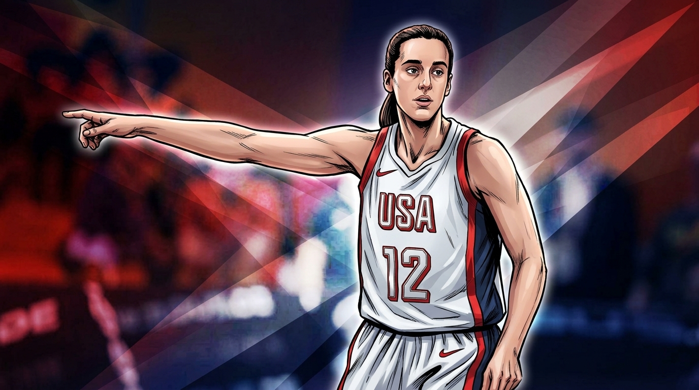 Comic-style illustration of Caitlin Clark in a white Team USA #12 jersey pointing downcourt, red and white geometric light-streak effect over a blurred, crowded arena backdrop