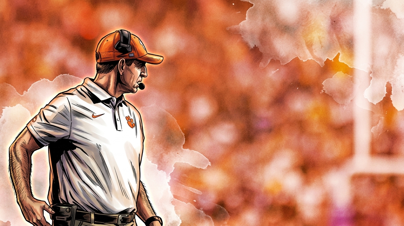 Comic-style illustrated portrait of Dabo Swinney in a white Clemson polo and orange cap on the sideline, with an orange ink-wash watercolor effect over a blurred stadium background
