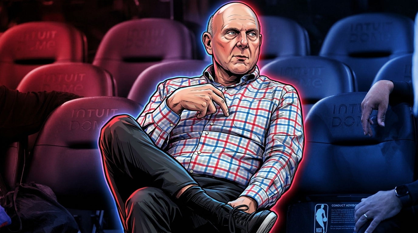 Steve Ballmer courtside at Intuit Dome, illustrated in a bold comic-book art style with neon rim lighting