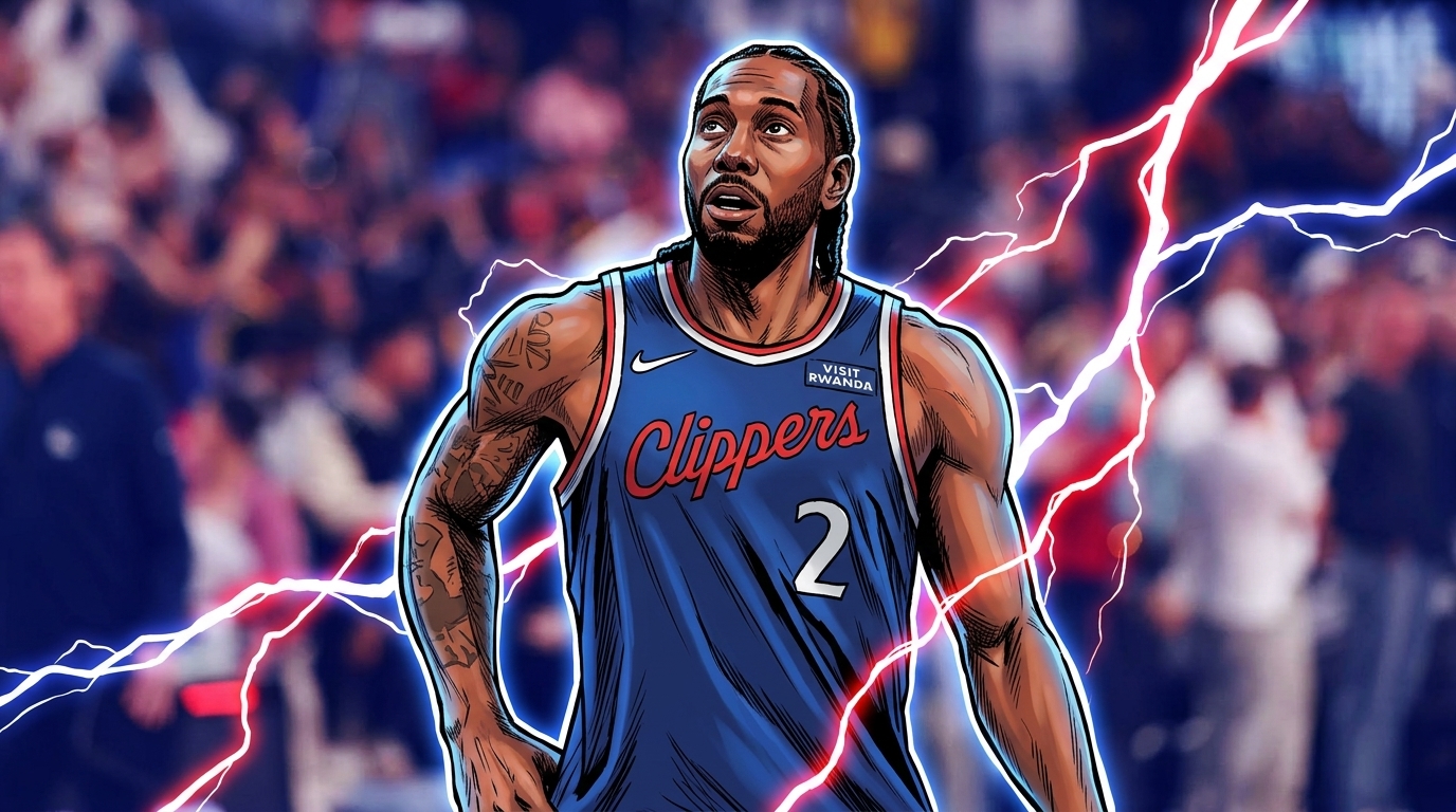 Kawhi Leonard, comic-styled in a navy Clippers alternate jersey with red-and-blue electric energy effects, set against a blurred arena crowd