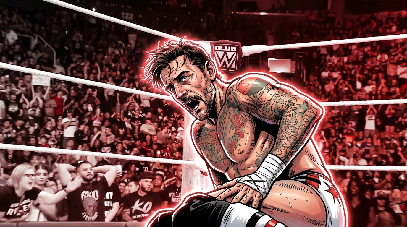 Comic-book illustration of CM Punk crouched in the ring gripping his wrapped wrist, red neon rim-glow outline, tattoos visible, blurred packed-crowd background tinted red