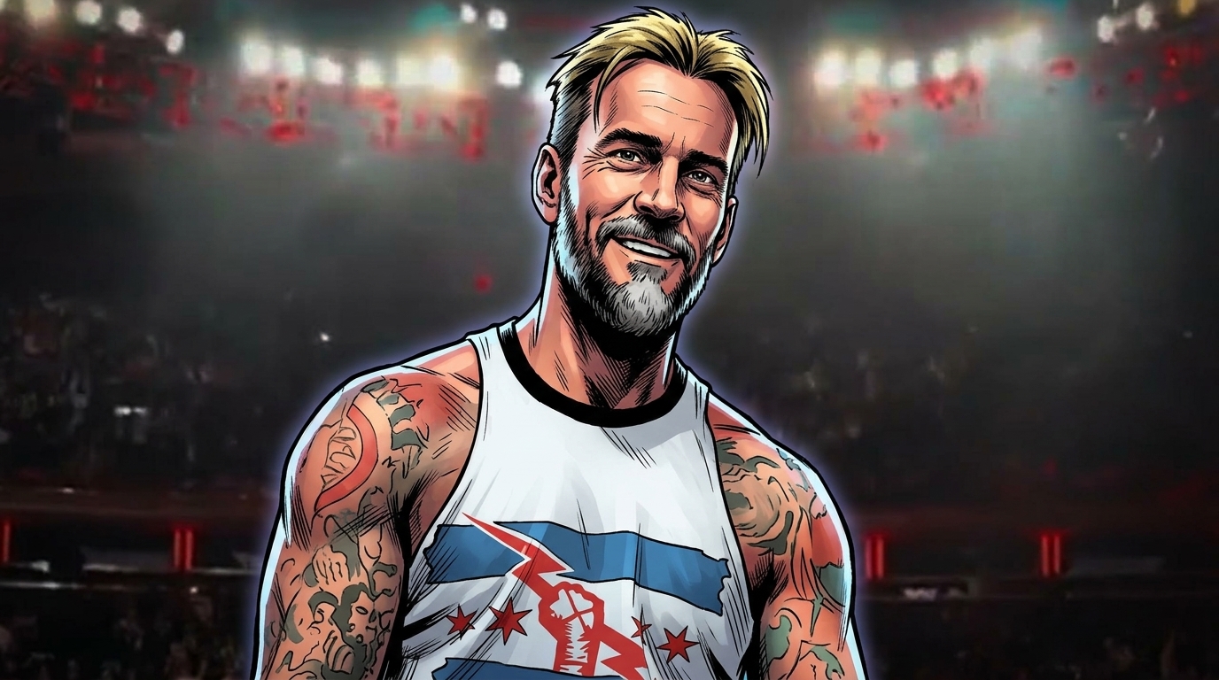 CM Punk, in comic-style illustration, smiles in a WWE arena with the crowd blurred in the background