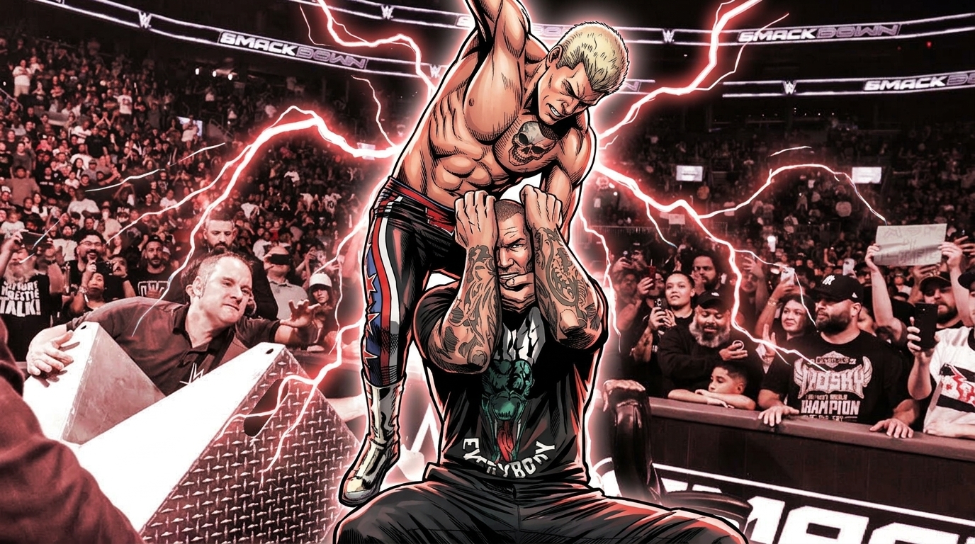 Cody Rhodes illustrated in comic book style in a blue pinstripe shirt, tie, and suspenders, holding the WWE Undisputed Championship belt and a WWE microphone, with a blue electric-energy lightning effect over a dark arena background