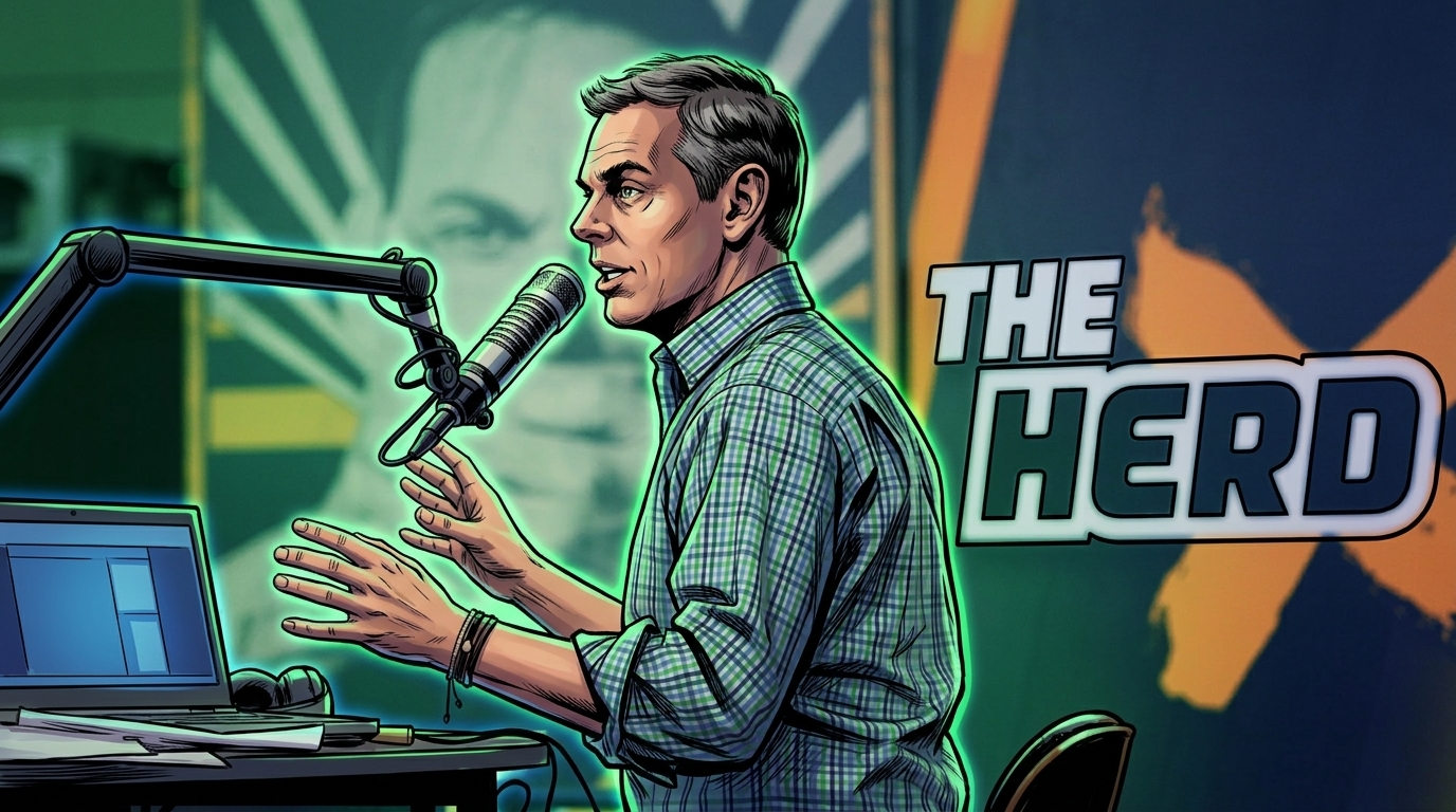 Comic-style illustration of Colin Cowherd broadcasting into a studio mic in a green and navy plaid shirt, neon rim glow effect over THE HERD studio backdrop