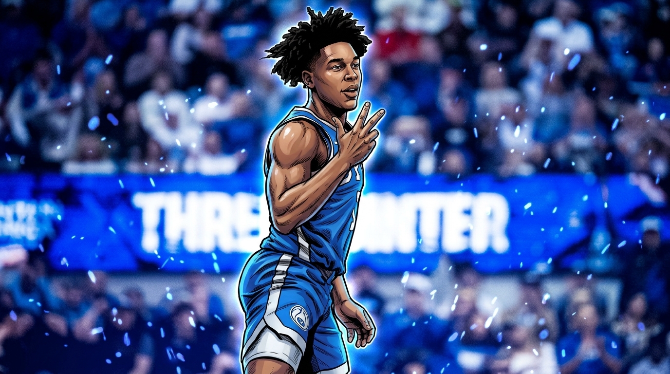 Comic-style illustration of a BYU Cougars guard in blue and white flashing three fingers, with an arena crowd and floating embers behind him