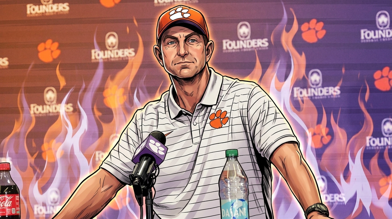 Comic-styled illustration of Clemson head coach Dabo Swinney speaking at a press conference podium in front of a Founders Federal Credit Union backdrop, flame effect in the background
